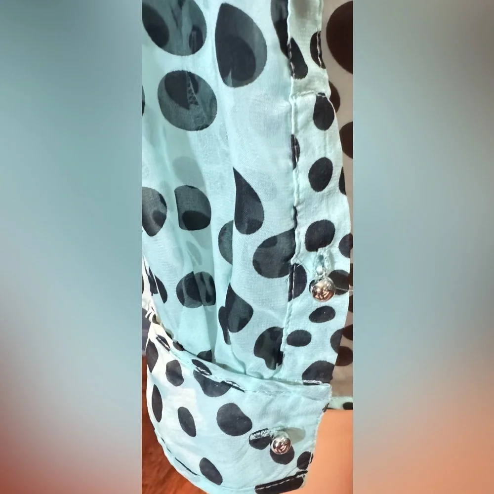 Aqua Black Polka Dot Sheer Blouse Hi Low Roll Tab Sleeve Small